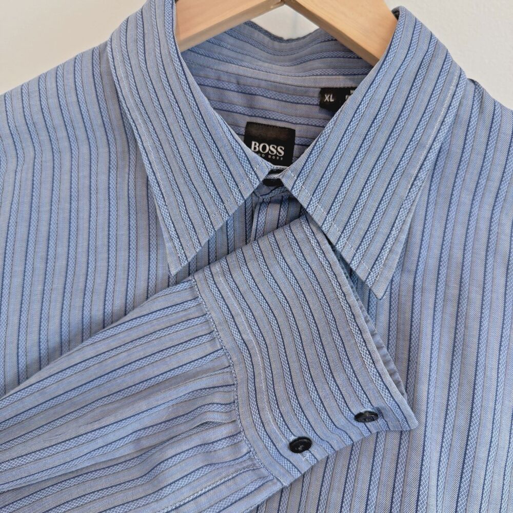 Hugo Boss Mens Sz XL Dress Shirt Blue Stripe 100% Cotton Smart Casual Office